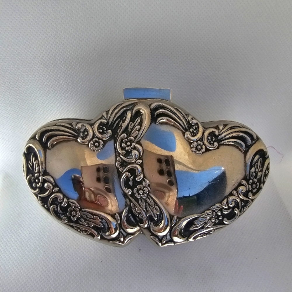 Double Heart Jewelry Trinket Box Vintage Silver Tone 1990s
